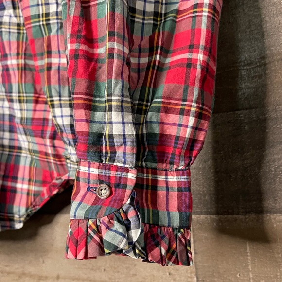 Plaid Ruffle Blouse Sz 10 Vintage Red Green Preppy Academia 1980s Chic - Picture 12 of 16